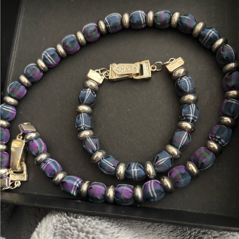 Plaid Beaded Necklace and Bracelet Set
